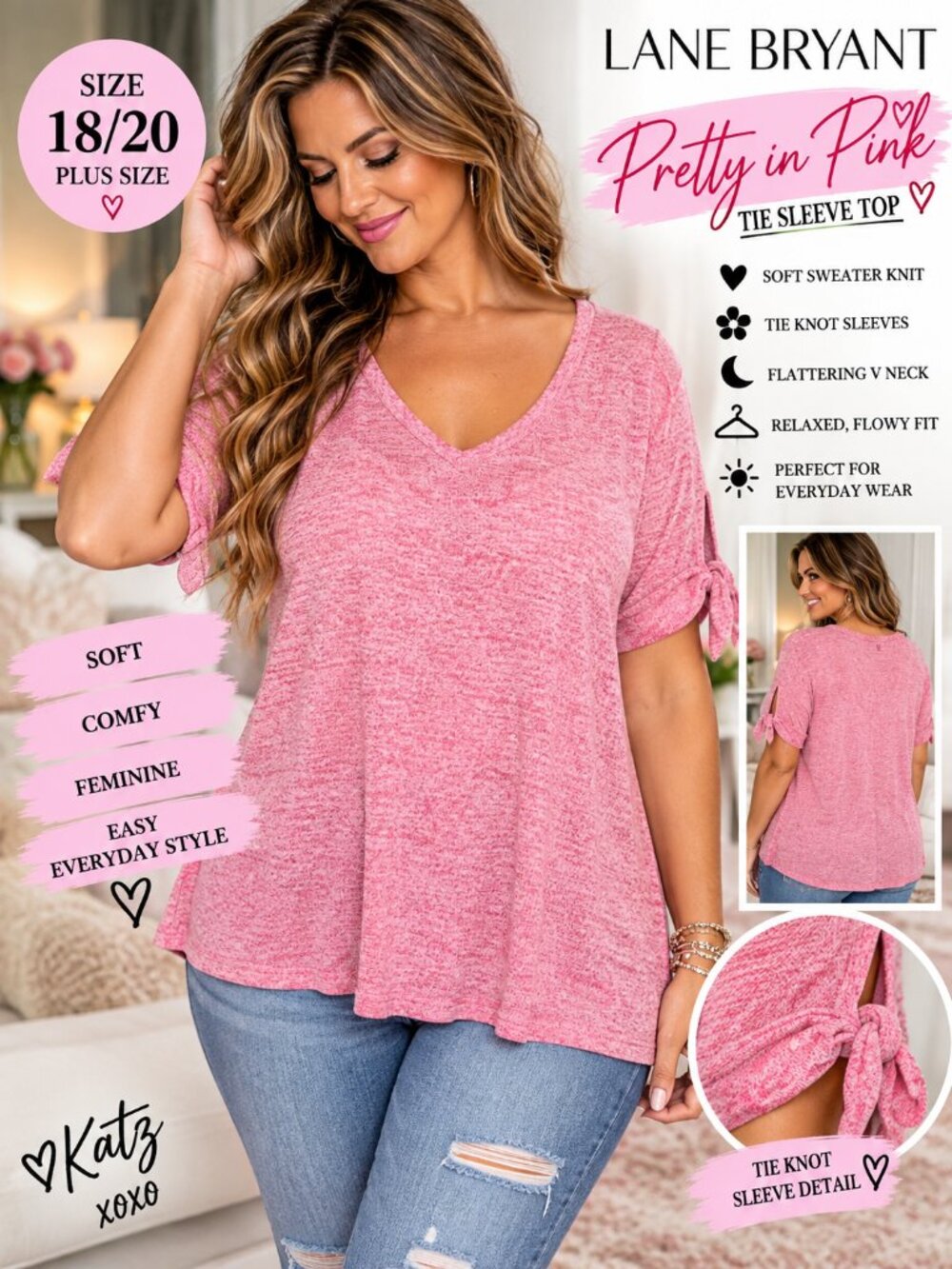 Lane Bryant Soft Pink Marled Sweater Knit Tie Sleeve V Neck Cozy Top Plus 18/20
